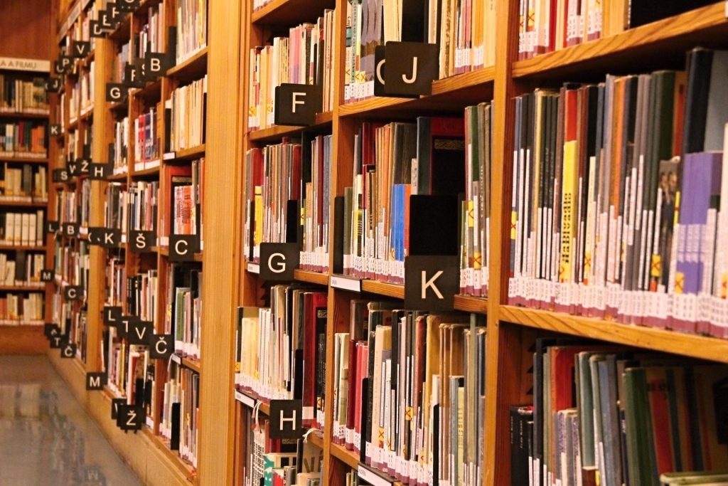 An image of library books on a shelf with alphabet card dividers